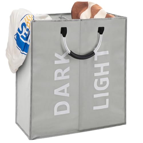 FB FunkyBuys Cesto portabiancheria pieghevole da 64 l, grande borsa per la biancheria con 2 scomparti, con manici per il trasporto, etichettato chiaro e scuro, per lavanderia e camera da letto