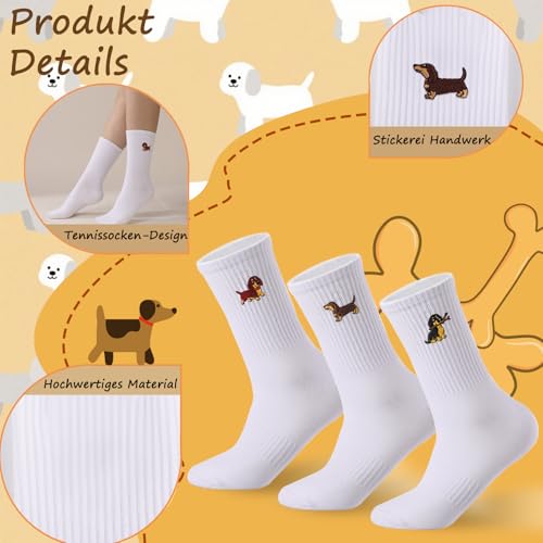 Utensilsto 3 Paare Damen Dackelsocken Tennissocken Sportsocken, Dackel Geschenke Atmungsaktive Socken Damen Baumwolle Mittelrohrsocken, Crew Socken für Hundebesitzer 38-42