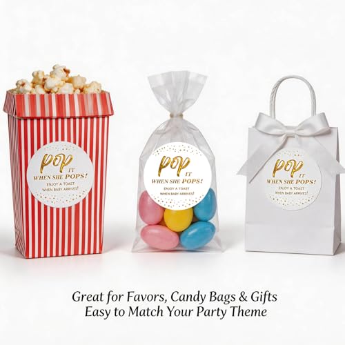 POP it When She Pops! Baby Shower Toast Stickers - Gold Foil Finish | 120 Pieces, 1.6 Inch Round(Gold Foil)