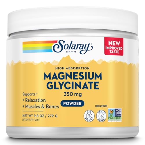 SOLARAY Magnesium Glycinate Powder 350 mg - Unflavored Magnesium Powder - Magnesium Supplement for Bone, Muscle, and Relaxation Support - Vegan, Non-GMO, 60-Day Guarantee - 50 Servings, 6 OZ