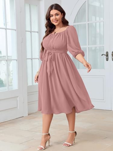Image of SCOMCHIC Women Plus Size Midi Dresses Puff Short Sleeve Square Neck Wedding Guest Elegant Flowy Belted A Line Dress