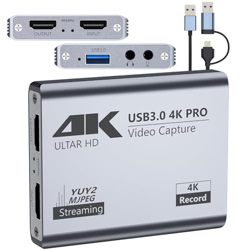 Video Capture Card, USB 3.0 High-Speed Interface, 1080P 60FPS/2K 30FPS/4K 18FPS Game Capture Recording, Compatible for PS5/Switch/Xbox/Camera/PC/OBS, Supports 4K 60FPS HDMI Loop-Out & Microphone Input