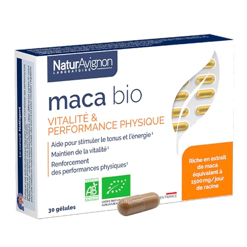NaturAvignon Maca Bio Péruvien | Complement alimentaire energie et vitalité | Homme & Femme | Maca en poudre Racine de Maca du Pérou | Booster Performance sportive | 30 gélules