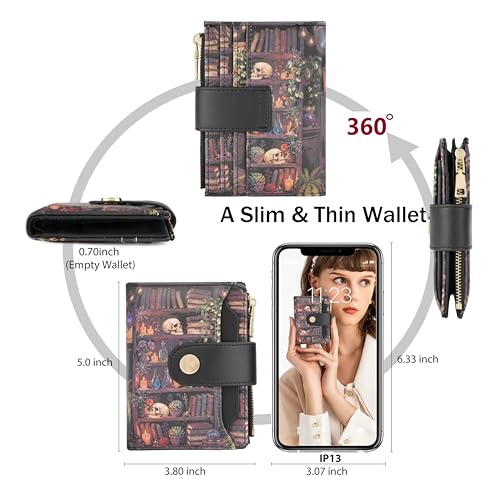 Image of Small Womens Wallet,Bifold Leather Wallet for Women RFID Card Holder Ladies Compact Pocket Wallet for Crossbody Bag (Skull Book)