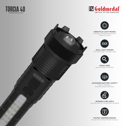 Image of Goldmedal Torcia 40 5W LED Rechargeable Torch Light | Long Range Beam | 6 Modes | Upto 6 Hours Battery Backup |Type C Charging |Zoomable Flashlight for Camping,Hiking &Emergency Use