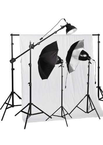 CowboyStudio 750W Premium Photo Studio Reflector Umbrella Continuous Halogen Boom Lighting Kit, 10 X 12ft White Muslin Backdrop and Background Support System with Carry Case