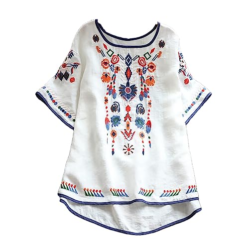 2024 Camiseta de Manga Corta Mujer Moda Algodón y Lino Camisa Bordado Color sólido Cómodo Verano Suelto Tops Casual T-Shirt Original Boho tee Talla Grande Transpirable Blusa Ligero