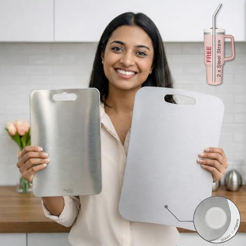 Image of Pack of 2-304 Stainless Steel Rectangular Chopping Board 36 x 25 cm + 31 x 21 cm Chopping Board wih Rubber Skid & 2 Straw | Reversible | for Cutting Vegetable, Meat, Fruits | Combo Pack