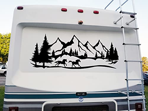 Horses Running Mountains Forest Scene Vinyl Decal V3 - Camper Graphics RV - Die Cut Sticker