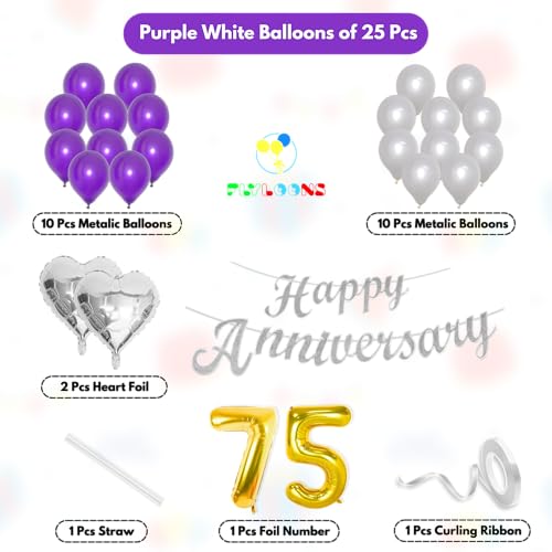 Image of Flyloons 75th Happy Anniversary Decoration Items Purple for Men Women Husband Wife Mom Dad Couple Home Bedroom Car With 20 Pcs Metallic Balloons Anniversary Banner 2 Pcs Heart Set Kit Diamond Jubilee