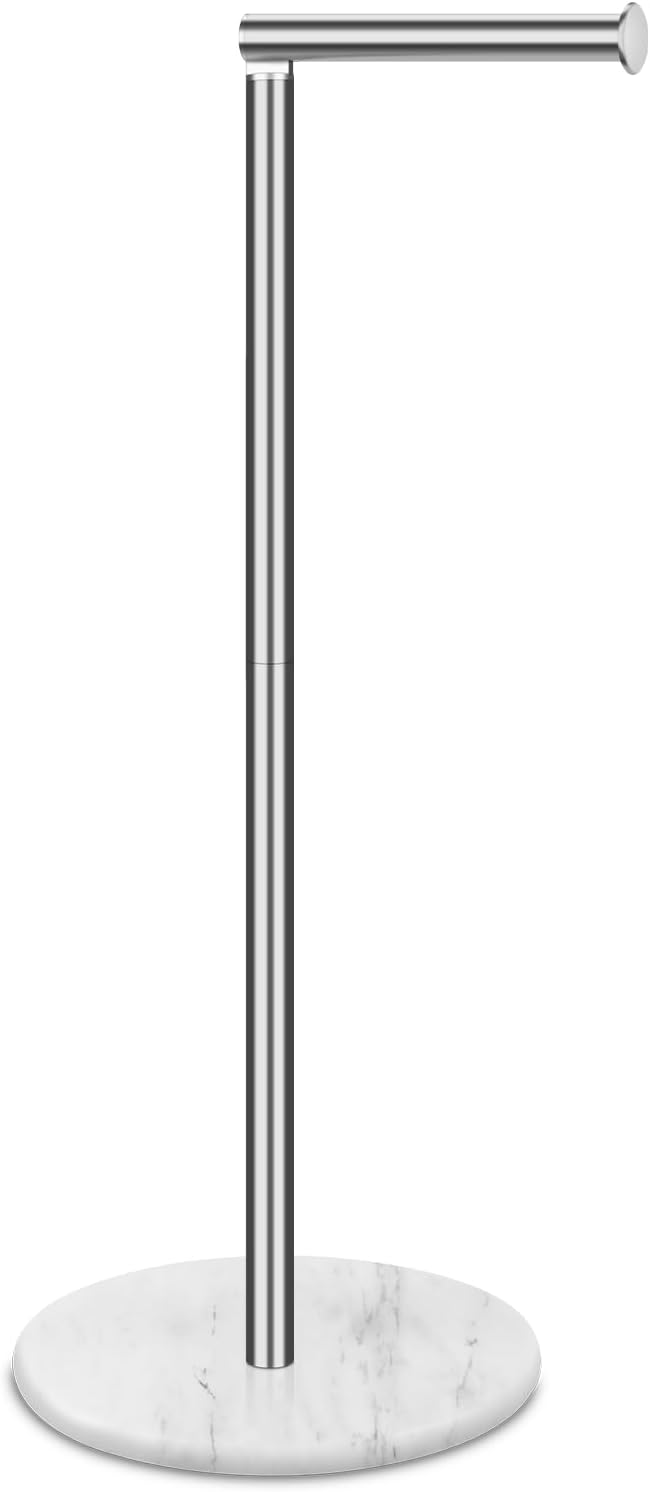 Toilet Paper Holder Stand with Marble Base, Free Standing Natural Stone Base Tissue Paper Storage with Reserve, Silver Space Toilet Bath 4 Rolls Holder for Bathroom/Kitchen Countertop