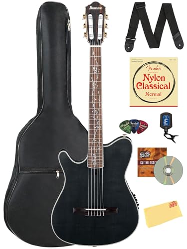 Ibanez TOD10NL Tim Henson ナイロン アコースティック エレキギター 左利き用 - 透明 ブラック フラット バンドル ギグバッグ、チューナー、ストラップ、弦、ピック、Austin Bazaar インストラクションDVD、磨き布付き