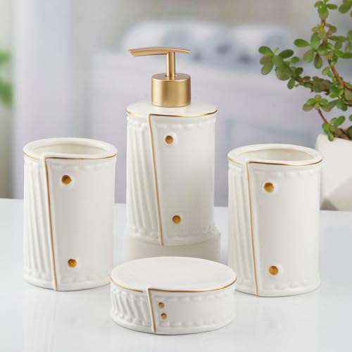 Image of SaSaSa Ceramic Bathroom Accessories Set of 4 Modern Bath Set with Soap Dispenser & Toothbrush Holder, Luxury Home & Gift Idea, White (10373)