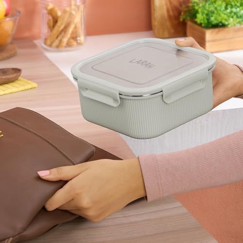 Image of Larah by BOROSIL Freshbyte Food Storage Container with Airtight Stainless Steel Lid | Fridge Container for Lunchbox | Food Grade | Microwave Safe (Grey, 1600 ml, Square)