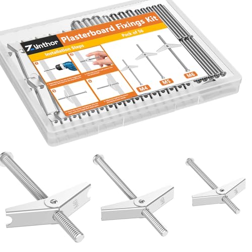Zynthor 56Pcs Plasterboard Fixings Assortment Kit (M4/M5/M6), 28Pcs Plasterboard Screws and 28Pcs Spring Toggle Set, Heavy Duty Hollow Wall Anchors with Screws for Plasterboard