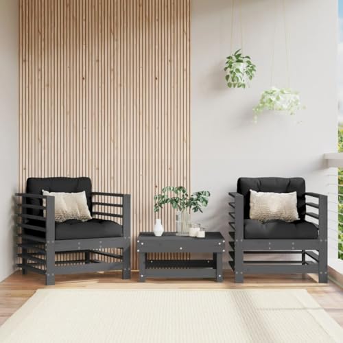 Runheo Chaises de Jardin Gris Bois de pin Massif 63,5x63,5x60 cm Lot de 2 avec Coussins en Tissu Oxford Chaise modulable pour terrasse Balcon Salon extérieur Patio détente