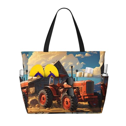 Lone Hyena Print 28L Large Beach Tote Bag, 7 Pockets Waterproof Travel Shoulder Bag, Gym Oversized Tote