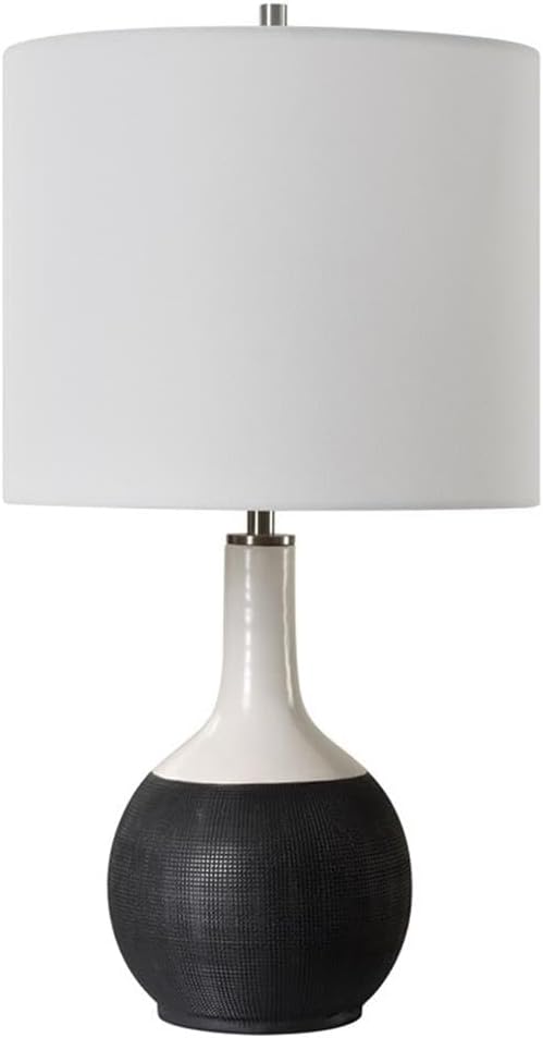 BOWERY HILL Ceramic Table Lamp, 23" H x 12" W x 12" D, Matte Black and Chalk White Finish with Brushed Nickel Accents, Round White Linen Shade, Modern Accent Lighting for Living Room or Bedroom