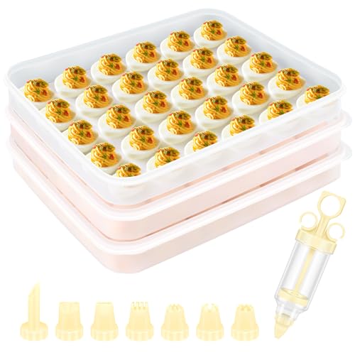 Image of 3 Pack 90-Count Deviled Egg Containers with Lid & 8 Pcs Deviled Egg Piping Tool, Transparent Deviled Egg Tray – Stackable Racks for Refrigerators, Suitable for Parties, Easter, Travel