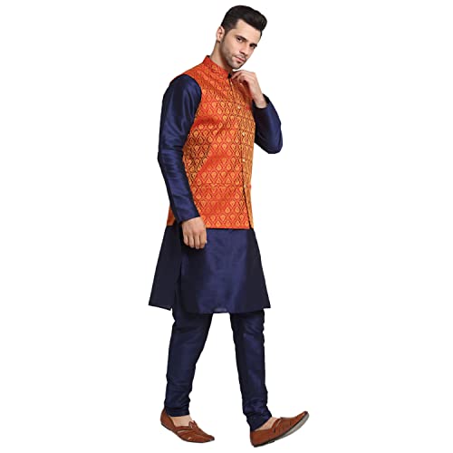 Image of KRAFT INDIA Mens Gold Silk Blend Kurta and Churidar Set With Jacquard Paisley Nehru Jacket