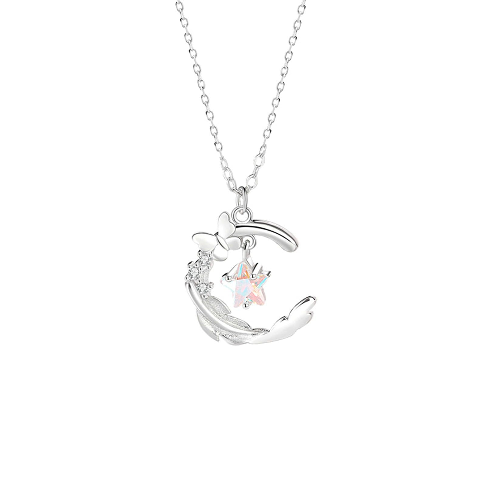 Collares de oro blanco de 9/14/18 quilates para mujer, colgante de luna, estrella de mariposa con piedra lunar, collar de moda de 40 + 5 cm