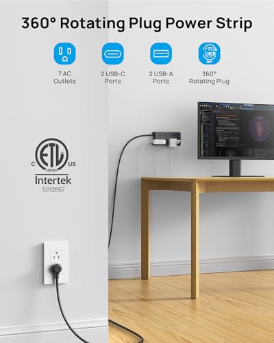 Image of TROND 360 Rotating Plug Power Strip, ETL Listed, Flat Plug 10ft Cord