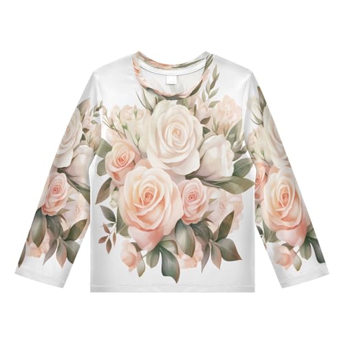 Boys Rash Guard Swim Shirt Long Sleeve UPF+ 50 Sun Shirts Quick Dry Shirt Pink White Rose for Toddler Kids