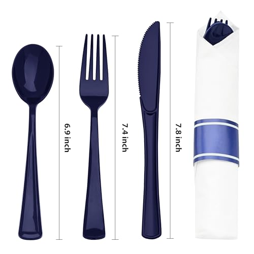 Goodluck 50 Set Dark Blue Pre Rolled Plastic Cutlery Set, Wrapped Silverware Set with 50 Forks, 50 Knives, 50 Spoons and 50 Napkins, Perfect for Party, Wedding, Christmas by Goodluck - Used condition - Image 2