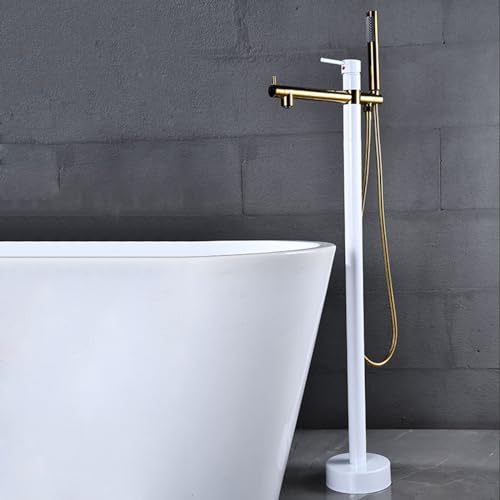 XJTNLB Grifo Ducha Grifo Suelo Bañera Exenta Monomando Griferia Bañera Exenta Caño Giratorio para Baño,Blanco+Dorado