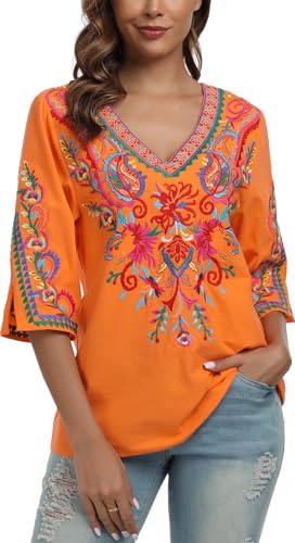 YZXDORWJ Mexican Blouses for Women Summer Floral Embroidered V Neck
