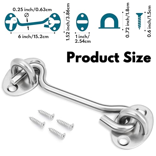 Image of Rainspire (2 Pack) 6 Inch Privacy Hook and Eye Latch for Barn Door, Stainless Steel Gate Latch Barn Door Lock Cabin Hooks for Gate Shutters Window Slide Barn Shed Cabinet Bathroom, Silver