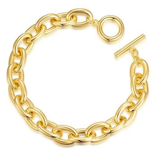 14K Chunky Chain Gold Plated Bracelets for Women, 7.5 Inch Cuban Link Rope Design with Toggle, Non-Tarnish Waterproof Jewelry Gift for Her - Main Image