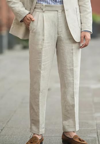 Men's High Waist Linen Dress Pants Slim Fit Flat Front Lightweight Summer Trousers3