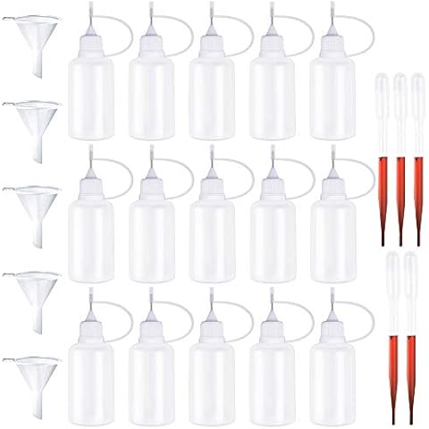Huayue Precision Bottle Set, 15 PCS Applicator Bottles Glue Bottle Squeeze Bottle 30ml Empty Plastic Bottles with Needle tip for Liquid Glue Oil Ink Paint, 5pcs Funnels and 5pcs Pipettes Cover