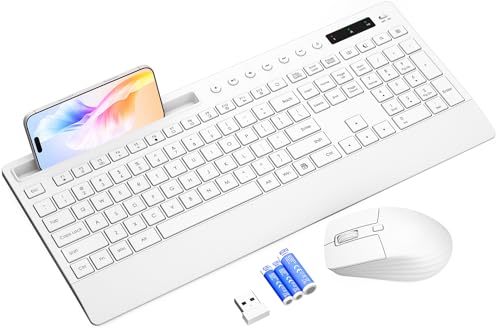 White Wireless Keyboard and Mouse Combo - Full-Size Quiet Keyboards with Palm Rest, Phone Holder, Multimedia Keys, Batteries Included, Office Key Board Compatible with Windows, PC, Laptop - Trueque