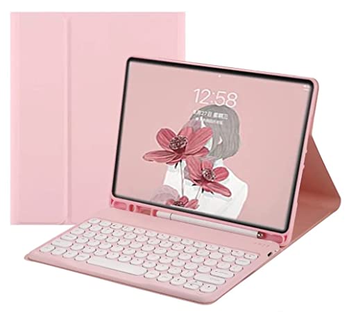QIYIBOCASE Keyboard Case for Galaxy Tab A8 10.5 Inch 2022 Model (SM-X200/X205/X207) - Slim Leather Folio Cover with S Pen Holder - Magnetically Wireless Detachable Keyboard - Round Keys (Pink)