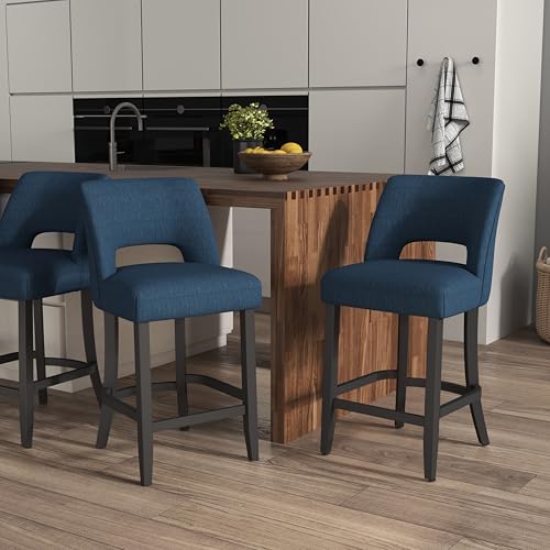 Image of VKNOW Bar Stools Set of 4, 26 inch Upholstered Counter Height Bar Stools | Modern Counter Stools with Black Rubberwood Legs for Kitchen Island Dining Room Bar, Blue-Black Legs