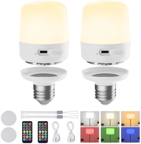 Minetom E26 Rechargeable Light Bulbs with Remote and Timer, Battery Backup Bulb with 12 Colors and Brightness Dimmable, 2300mAh 40W Equivalent LED Light Bulbs for Lamps Sconces Camping, 2 Pack