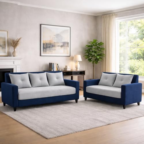Image of Ultimate Comfort 3+2 Wooden Sofa Set | Premium Velvet Fabric | Modern 5-Seater Sofa | Durable & Stylish Living Room Furniture(Grey & Blue)