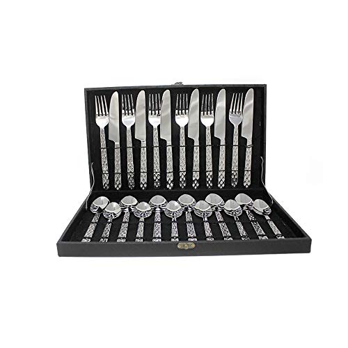 Image of Razaano Flatware Diamond 24 Pieces Stainless Steel Cutlery Set with Box Packing. Contains:- 6 Desert Spoons, 6 Tea Spoons, 6 Desert Forks, 6 Knives.