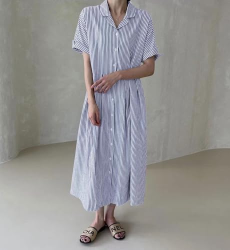 Image of chouyatou Women's Cotton Striped Shirt Dress Button Up Short Sleeve Midi Long Shift Dress with Pockets
