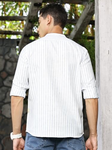 Image of Thomas Scott Men's Slim Fit Cotton Linen Casual Shirt with Mandarin Collar | Vertical Stripes | Three-Quarter Roll-Up Sleeves