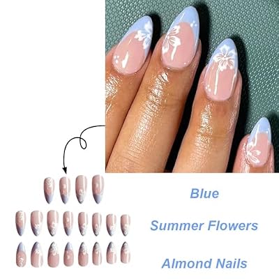 Blue French tips Press on Nails Medium Almond Fake Nails with Design White Flower Glue on Nail Glossy Fall Nails Reusable Summer False Nail for Women Girls Manicure 24pcs