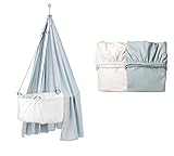 Lieferumfang: Leander Babywiege weiß mit Träumeland Matratze, Deckenhaken, Schleier (Himmel) misty blue und 2 Stück Spannbetttücher 1x misty blue/ 1x weiß