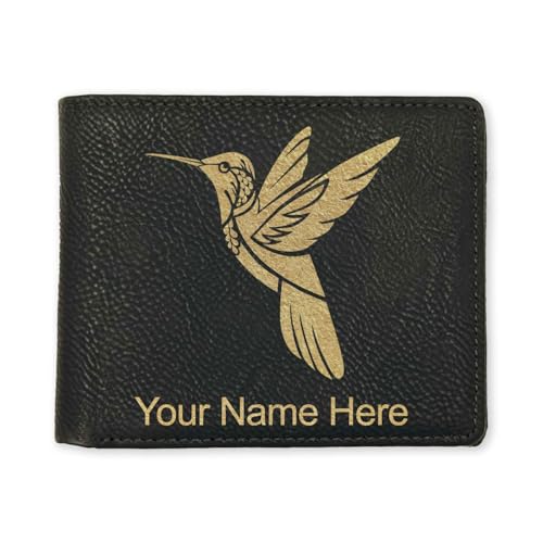 LaserGram Faux Leather Bi-Fold Wallet, Hummingbird, Personalized Engraving Included (Black with Gold)