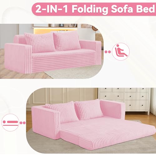 Image of HABUTWAY Folding Sofa Bed, 2 in 1 Convertible Sleeper Chair with 2 Pillows, Portable Fold Out Chair Bed with Armrest, Comfy Floor Couch, Lazy Sofa for Living Room Bedroom Dorm Home Office, Pink
