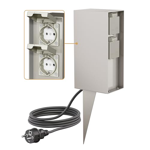 ledscom.de Columna de Enchufe para jardín POMI con Pica de Tierra y Cable de 2m para Exterior, IP44, cuádruple, Acero Inoxidable, Angular, 23cm