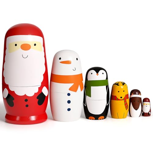 AMOR PRESENT 6PCS Christmas Nesting Dolls for Kids, Handmade Wood Stacking Set Matryoshka Dolls for Toddlers Christmas Party