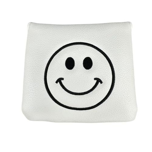 Aoasious スマイル かわいい ゴルフ パター用 マレット型 ヘッドカバー オデッセイ2ボール・テーラーメイド スパイダーパター対応 スタッズプリント マグネット開閉 PUレザー 耐久 防汚 防傷 メンズ レディース ギフト (正方形,ホワイト)