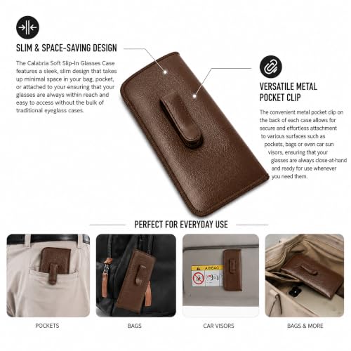 Image of Calabria Soft Slip-In Glasses Case with Pocket Belt Metal Clip Brown for Men /Women Synthetic Leather Felt Lining 6.5 inchx3 inch - 12PACK